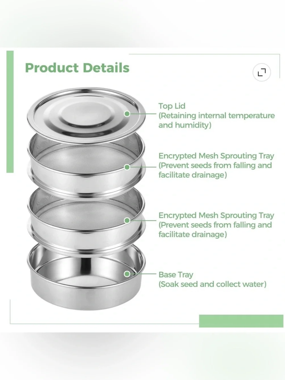 Stainless Steel, 3-Tier Stackable Sprouting Kit w/Encrypted Mesh